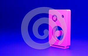 Pink Stereo speaker icon isolated on blue background. Sound system speakers. Music icon. Musical column speaker bass