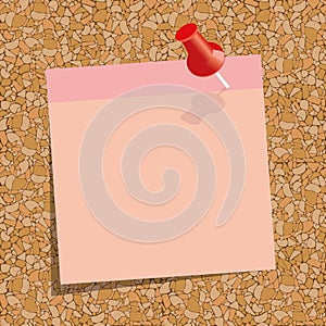 pink sticky note with a red push-pin against the background of cork board