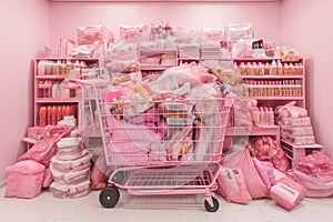 A pink store with a shopping cart full of pink items. AI generation photo