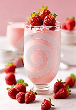 Pink strawberry flavor smoothie milkshake in glass