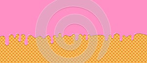 Pink strawberry ice-cream melted on waffle background. Vector Illustration