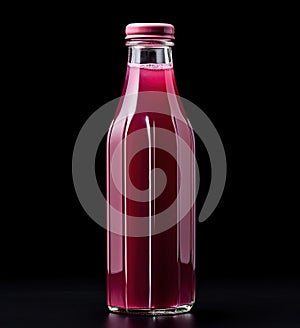 Pink strawberry juice in a glass bottle with a cap. mockup on isolated background with copy space, template for packaging,