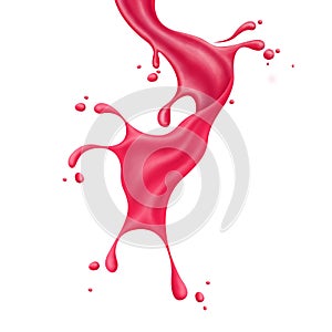 Pink strawberry juice splash realistic Illustration, liquid flowing in motion, isolated on white background