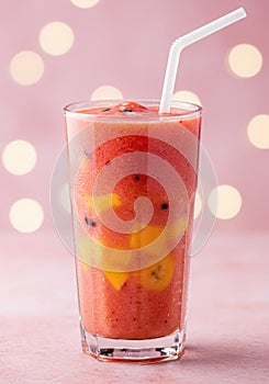 Pink Strawberry Mango Passion Fruit Smoothie in Glass