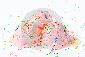 strawberry scoops ice cream strewed sprinkles and icing on white background