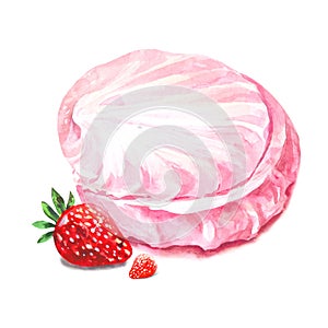 Pink strawberry zefir. Watercolor twirled candy like marshmallow isolated