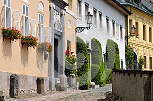 Pink street in the mining town of Banska Stiavnica, Unesco