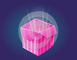 Pink striped open gift box with a glowing surprise inside. Vector isolated cartoon illustration of a present for