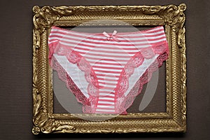 Pink Striped panties, wooden frame