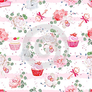 Pink striped seamless vector pattern with fresh pastries, bouquets of flowers and keys with red bows.