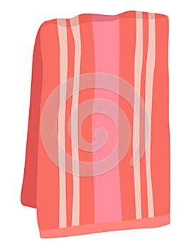 Pink striped towel hanging neatly. Bathroom or spa accessory with stripe pattern. Cleanliness and personal care vector