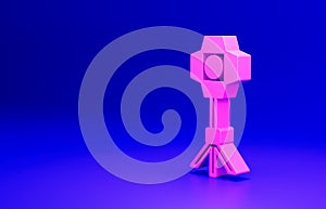 Pink Studio light bulb in softbox icon isolated on blue background. Shadow reflection design. Minimalism concept. 3D