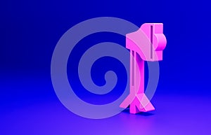 Pink Studio light bulb in softbox icon isolated on blue background. Shadow reflection design. Minimalism concept. 3D