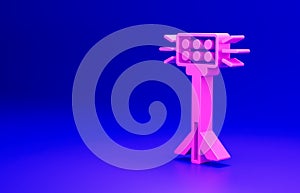 Pink Studio light bulb in softbox icon isolated on blue background. Shadow reflection design. Minimalism concept. 3D