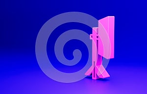 Pink Studio light bulb in softbox icon isolated on blue background. Shadow reflection design. Minimalism concept. 3D