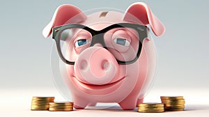 A pink stuffed toy piggy bank with glasses sits next to stacks of coins