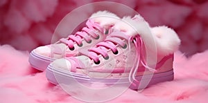 pink stylish sneakers with fur on fluffy soft pink carpet.
