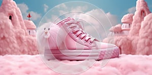 pink stylish sneakers with fur on fluffy soft pink carpet.