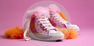 pink stylish sneakers with fur on fluffy soft pink carpet.