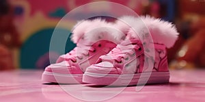 pink stylish sneakers with fur on fluffy soft pink carpet.