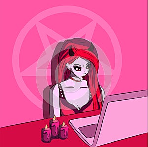 Pink succubus watching movies on laptop. Neon and UV demonic woman with an occult pentagram on background and candles on the table photo