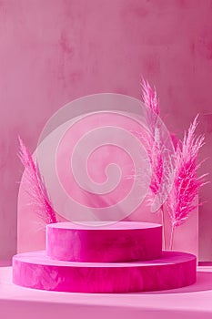 Pink suede two level podium with pampas grass in the background