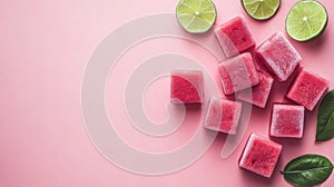 Pink Sugar Cubes with Lime Wedges on Pink Background