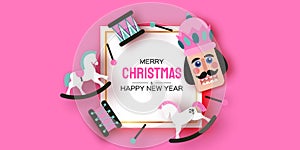 Pink Sugar Nutcracker, Drum,Rocking Horses. Merry Christmas party. Happy New Year figurine. December ballet party