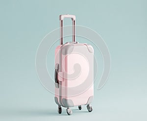 Pink suitcase on blue background. Copy space. Travel concept