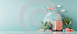 A pink suitcase is on a blue background with a globe and an airplane by AI generated image