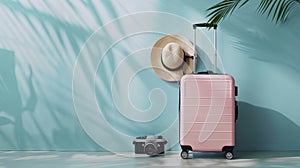The pink suitcase and hat.AI generated image