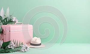 Pink suitcase and straw hat. Stylish luggage bag on green background with blank space for text. Travel and vacation concept