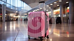 Pink suitcases in departure lounge, airport in background, summer vacation concept