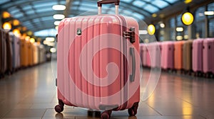 Pink suitcases in departure lounge, airport in background, summer vacation concept