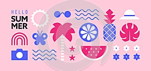 Pink summer banner with icons and symbols