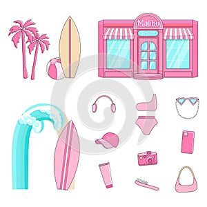 Pink Summer Beach Set, Barbie Accessories, Malibu Beach Store and Palm tree. Trendy pink set.