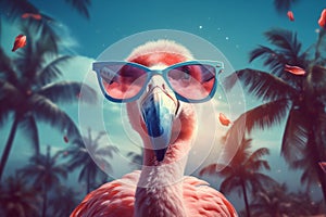 pink flamingo feather hipster animal bird summer party tropical sunglasses. Generative AI.