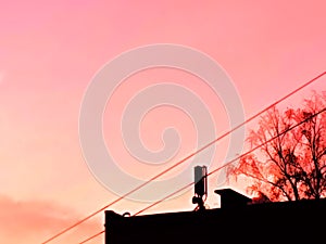 Pink sunset on evening sky in the city on horizon silhouette of roof houses silhouette