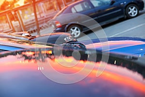 Pink sunset mirrored reflection on a metal car capote photo