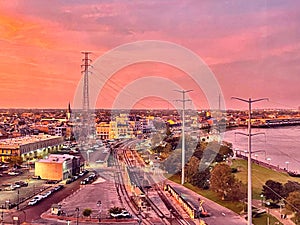 pink sunset over Mississippi River in New Orleans