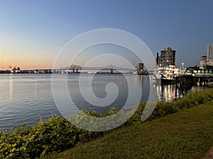 pink sunset over Mississippi River in New Orleans