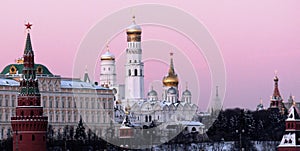 A pink sunset over the snow-capped domes of Moscow - RUSSIA - THE RUSSIAN FEDERATION