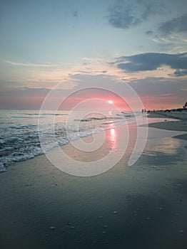 Pink sunset by the sea. Summer days. The foamy waves threw the jellyfish ashore. Warm days