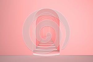 Pink surreal 3d interior render. Abstract arch corridor pastel pink background concept.