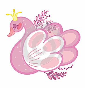 Pink swan princess with crown on a white background. Vector illustration