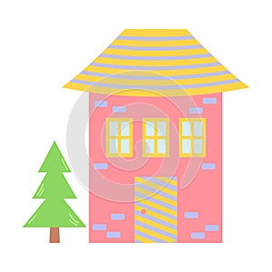 Pink sweet home with fir tree. Cute cartoon dollhouse.