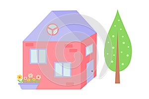 Pink sweet home with tree and flowers in a pot. Cute cartoon dollhouse.