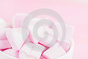 Love theme. Pink marshmallow hearts. Valentine`s day background. Copy space