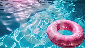 A pink swimming pool ring float gracefully on the surface of the blue water, Ai Generated