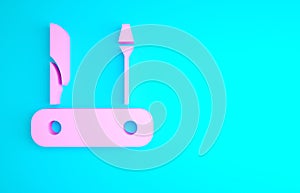 Pink Swiss army knife icon isolated on blue background. Multi-tool, multipurpose penknife. Multifunctional tool